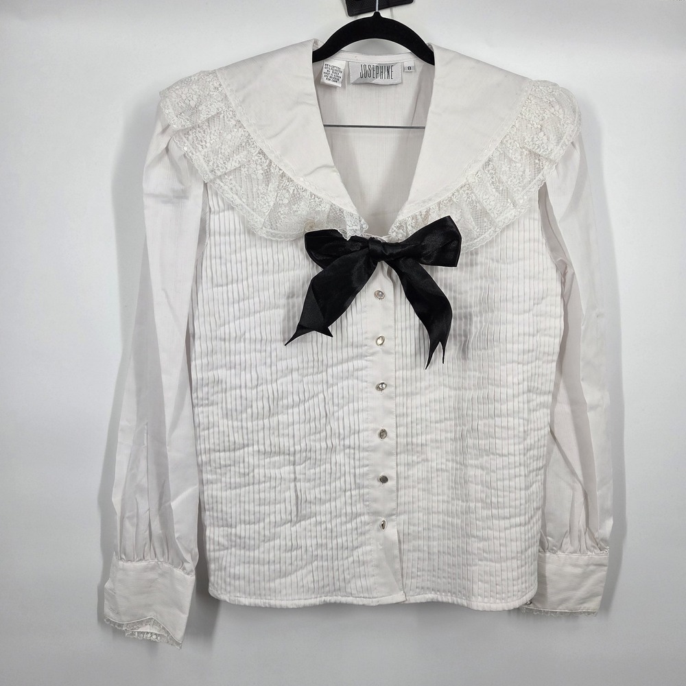 VTG Josephine Blouse M 8 White Lace Sailor Collar Bow Ruffle Cottage Pintuck
